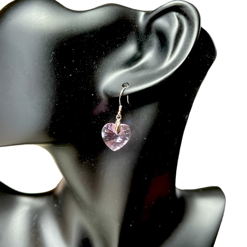 Dainty drop earrings Austrian crystal hearts pink silver wires NIB